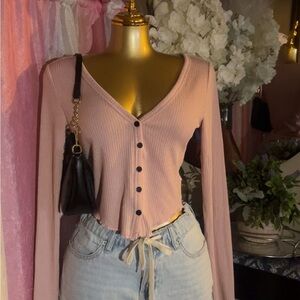 Ribbed V-Neck Button Front Long Sleeve Top - Pink